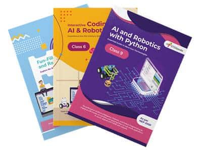Three STEMpedia textbooks for students in grades 3, 6, and 9, covering AI, coding, and robotics.