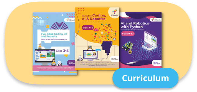 Three STEMpedia textbooks for students in grades 3-5, 6-8, and 9-12, covering AI, coding, and robotics.