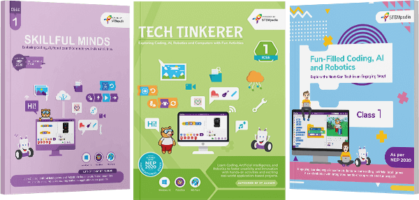 STEMpedia Coding, AI & Robotics books for ICSE Class 1 - Skillful Minds, Tech Tinkerer, and Fun-filled Coding, AI & Robotics.