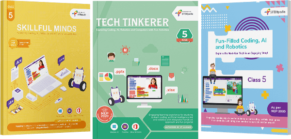 STEMpedia Coding, AI & Robotics text book for Class 5th - Skillful Minds, Tech Tinkerer, and Fun-filled Coding, AI & Robotics.