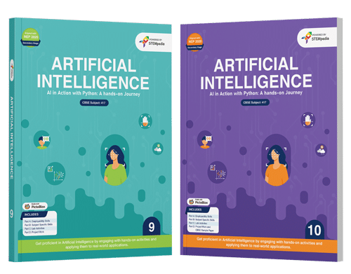 Artificial Intelligence with Python books for CBSE Class 9 and Artificial Intelligence with Python and Hands-On Journey for CBSE Class 10, both designed to teach Python programming concepts and their applications in AI.