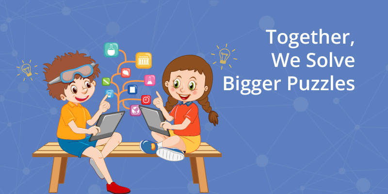 Children with tablets solve puzzles, highlighting teamwork in digital education