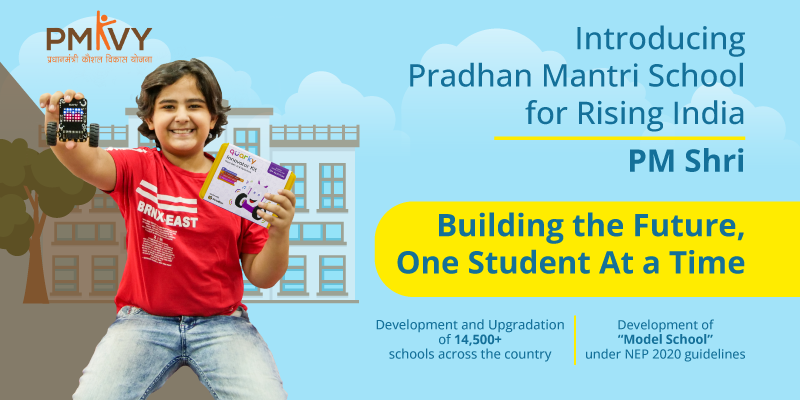 A school student is on the left with a Quarky robot in his hand, and to his right, there is text displaying the constituents of PM Shri Yojana
