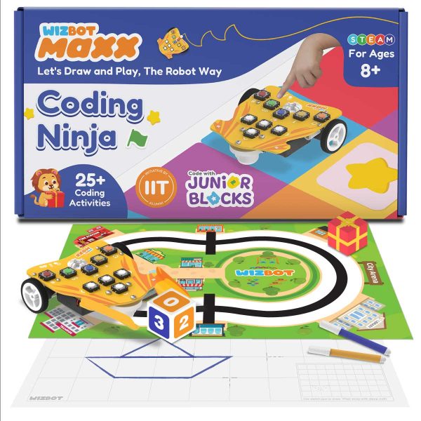 Wizbot Maxx Coding Ninja Kit for screen-free play time with robot toy for kids