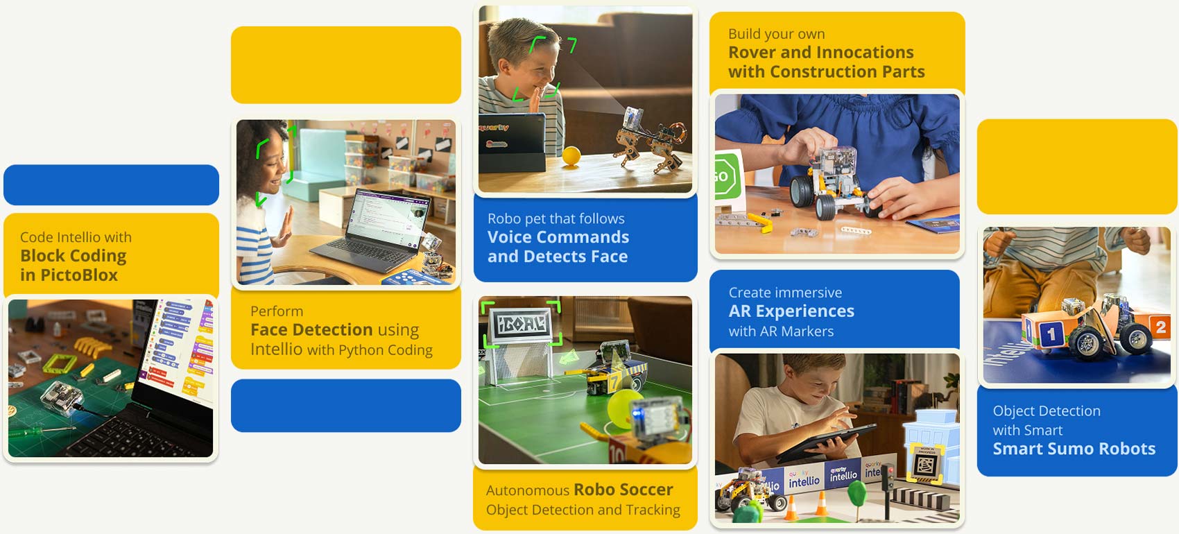 Quarky Intellio use cases, including face detection, AR experiences, and autonomous robotics