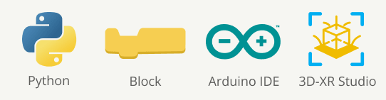 Compatible coding platforms for Quarky Intellio: Python, blocks, Arduino IDE, and 3D XR Studio