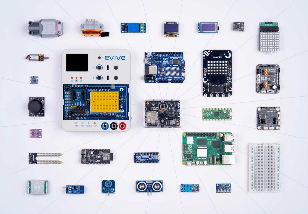 Quarky Intellio integration with compatible boards, motors, and sensors for robotics and AI projects