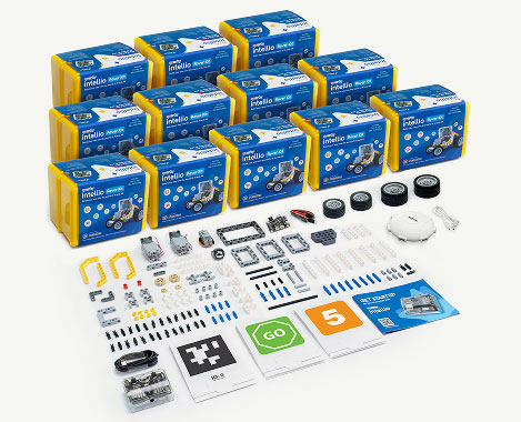 Quarky Intellio Classroom Pack showing twelve number of Intellio Rover kits, components, cards, guides and accessories