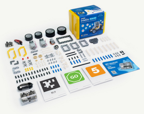 Quarky Intellio Mini Classroom Pack showing six number of Intellio Rover kits, components, cards, guides and accessories